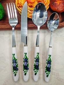 4/24件套精美蓝色玫瑰印花陶瓷柄不锈钢餐具，包括叉子、甜点勺、汤勺、牛排刀，独特优雅的餐具套装，适用于家庭、餐厅、厨房、日常用餐、派对和节日聚会。 - 銀色 - 查看 12