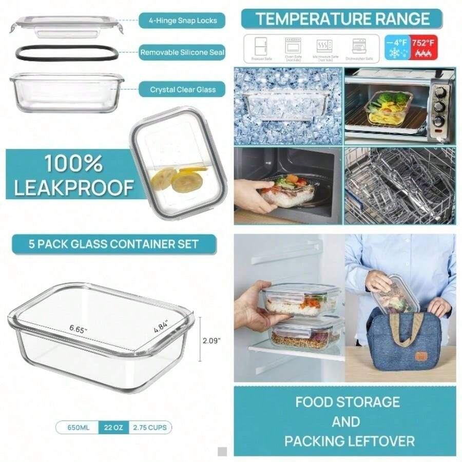 5Pack 22oz Glass Storage Containers With Lids, Glass Meal Prep Food Container Sets With Snap Airtight Lids Microwave, Oven, Freezer And Dishwasher - 5 gói 22oz - Xem 1