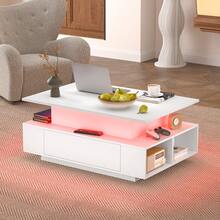 35.4-Inch Modern Lift-Top Coffee Table With LED Lights - Heavy-Duty MDF Material, Height Adjustable (Max 23.6 Inches), Large Storage Drawer & Open Shelf, High-Gloss Black Finish, Wireless Operation, Easy To Assemble - Suitable For Living Room & Home Office - 白色 - 查看 6