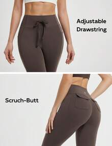 baleaf Womens Cargo Leggings With Pockets Drawstring Tummy Control Scrunch Butt 7/8 Ankle Petite Yoga Pants Running - 卓茶棕19-1314TPG - 查看 5
