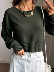 Livesso Loose Fit Cropped Pullover Sweater For Women, Versatile New Style Fall - Army Green - View 1