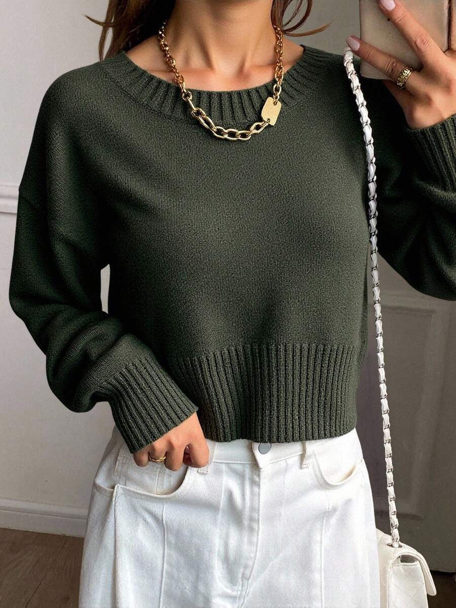 Livesso Loose Fit Cropped Pullover Sweater For Women, Versatile New Style Fall - Army Green - View 1
