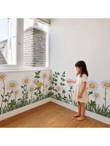 BRUP 1 张可爱雏菊墙贴，白色花瓣，向日葵，绿叶和花卉图案，可移除，即撕即贴，适用于儿童房和婴儿房装饰，充满奇思妙想的春季主题艺术 - 彩色 - 查看 4