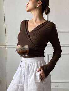 Livesso Women's Warm Fleece Crossed T-Shirt, Fall Clothes Long Sleeve Women Tops, Thermal Lined,Winter - Rust Brown - View 4