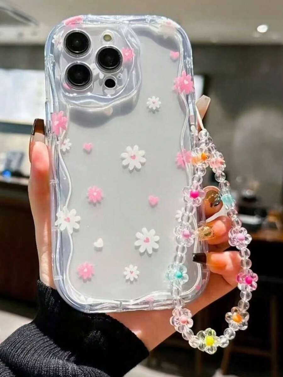 花卉彩绘奶油色波浪边链条装饰简约防摔加厚手机保护壳,印花设计,兼容 16/17/17 Pro Max/XR/7/8、15 Pro Max/12 Pro Max/13 Pro Max/14 Pro Max、13/14/11/12/P14/P11/P12、XS/XR/7/8/P/7/8 Plus、Galaxy S2、A13 4G、A22、A21S、A51 4G、A52、S22 Ultra、A33 5G、A34、A35、Redmi 10、Redmi Note 11 4G、Redmi 11 Lite、A53、TPU材质A14/A23/S23 Ultra、S24、A14、A15、S23、A73、A55、A54等Redmi手机。 - 彩色 - 查看 1