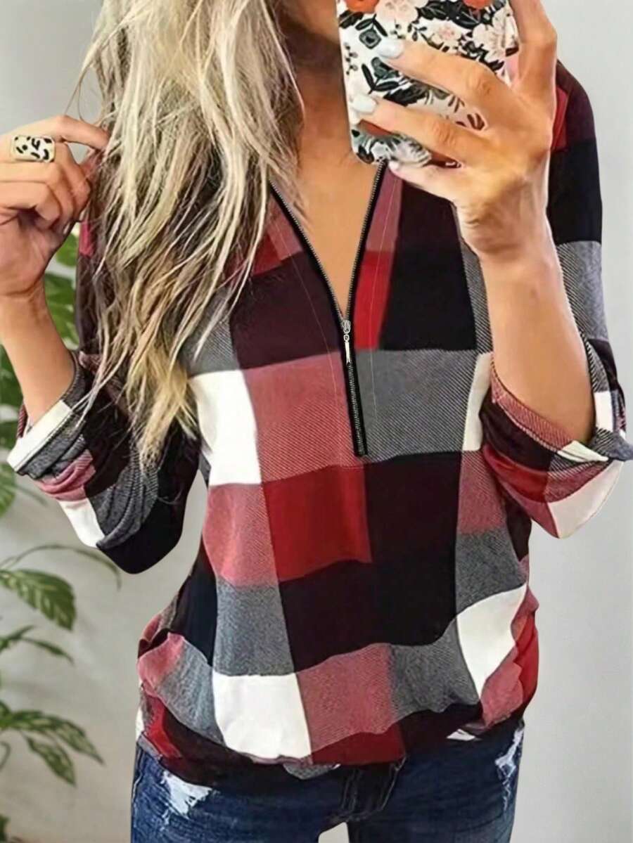 Áo nỉ chui đầu kẻ caro có khóa kéo thường ngày dành cho nữ với cổ tay bo tròn - Nhiều màu - Xem 1