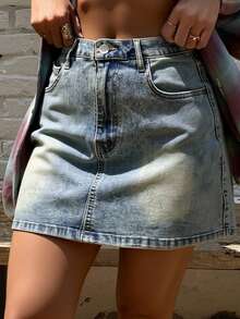 Livesso 女士牛仔短裙裤，带隐藏式前袋，休闲款，短裙裤 - 藍色 - 查看 7