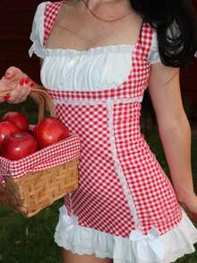 Women's Plaid Gingham Checkered Bodycon Mini Dress With Puff Sleeves Lace Trim Bow Cottagecore For Cosplay Holiday Party - Đỏ - Xem 3