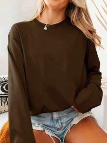 Women's 100% Cotton Solid Color Long Sleeve Casual Crew Neck T-Shirt, Winter - Coffee Brown - View 6