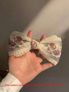 2个/1个象牙色蕾丝刺绣玫瑰花蝴蝶结发夹，长丝带弹簧夹头饰，适合马尾辫、高马尾辫，母亲节、返校季、复活节、节日、女士日常发饰、发夹 - 多色-米白 - 查看 8