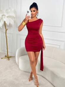 AIJ 女士红色缎面秋冬性感扭结单肩褶裥收腰修身飘逸迷你约会连衣裙 - 酒紅色 - 查看 4
