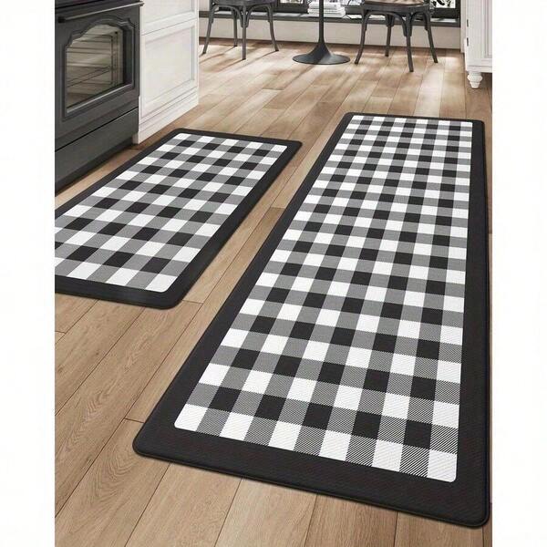 (1/2/3pc)Black & White 1pc Rubber Non-Slip Kitchen 48x17 Inches(121.5x43.5), Buffalo Plaid Kitchen, Cushioned Anti Fatigue Floor Checkered Rug, Non Slip Mats Standing Desk, Home Office, Sink, Laundry