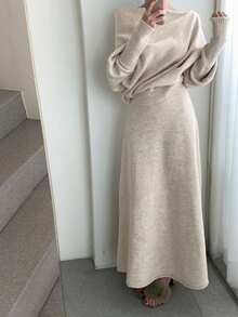 2pcs/Set Asymmetric Shoulder Knit Top + Mid-Length Knit Dress