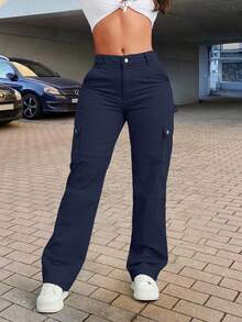 女士纯色直筒休闲多口袋工装裤 - 藏蓝色 - 查看 3