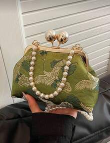 New Retro Green Fabric Faux Pearl Chain Clutch Bag, Women Versatile Shoulder Handbag For Party And Daily Use, Elegant Pearl Bag - Green - View 4