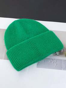1pc Women's Solid Color Double-Layer Cuffed Fashionable Knit Hat, Warm For Outdoor Use In Autumn/Winter - Green - View 1