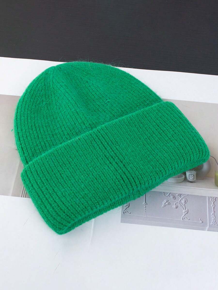 1pc Women's Solid Color Double-Layer Cuffed Fashionable Knit Hat, Warm For Outdoor Use In Autumn/Winter - Green - View 1