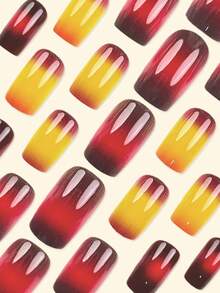 24片秋季美甲贴片，红色法式美甲，Y2K风格，中号方形，时尚渐变闪粉图案，简约风格，可重复使用，按压式亚克力美甲，假指甲用品，赠送24片果冻贴片和1个迷你指甲锉。 - 酒紅色 - 查看 2