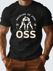 Camiseta masculina vintage de Jiu-Jitsu brasileiro OSS 1914, 100% algodão, para esportes de combate. Modelagem folgada, estampa de artes marciais, lavável à máquina, ideal para treinos e uso casual no verão. Tecido resistente, diversas opções de cores, design esportivo. Presente perfeito para praticantes de artes marciais, roupas esportivas de combate, estilo de vida ativo, estilo retrô, material respirável, camiseta de BJJ, ideal para entusiastas da academia. - Preto - Ver 6