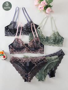 3件/6件套花卉刺绣薄纱文胸内裤套装，可调节肩带，性感舒适的女士内衣套装 - 彩色 - 查看 1