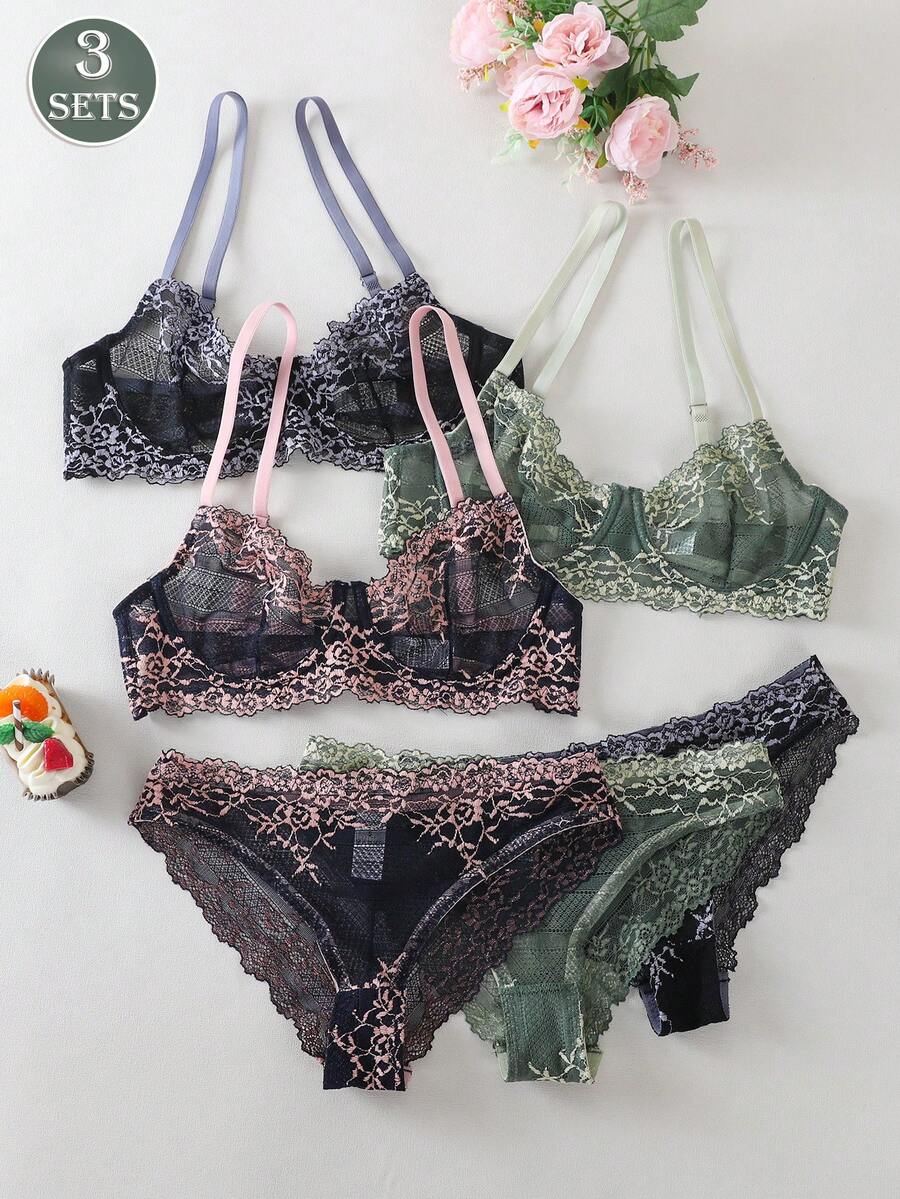 3件/6件套花卉刺绣薄纱文胸内裤套装，可调节肩带，性感舒适的女士内衣套装 - 彩色 - 查看 1
