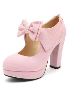 MAIERNISI JESSI Womens Bow Heels Mary Jane Shoes Round Toe Platform Chunky High Heel Vintage Dress Pumps - 粉紅色絨面 - 查看 19