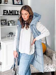 Women's Long Sleeveless Hooded Puffer Vest - Warm Insulated | Hooded Design, Double Closure (Zipper + Buttons), Side Split Zipper, Hand Pockets, Quilted Fabric - New Year Daily & Outdoor Outings, Fall Winter Layering Wear - 藍色 - 查看 4