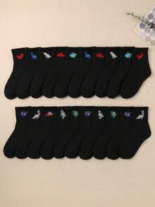 10 Pairs Kids Dinosaur Pattern Elastic Mid-Calf Socks, Suitable For Daily Wear And Sports. Comfortable, Soft, Breathable, Moisture-Wicking. Essential Socks For Boys And Girls, Black Socks For Teenagers, Fashionable And Versatile, Great Gift Item. - Multicolor - View 5