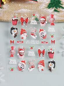 2 Sheets Xmas Deer Nails Stickers 5D Relief White Red Deer Christmas Lights Bear Penguin Design Adhesive Cartoon Bear Decal Nail Art Decor - 彩色 - 查看 6