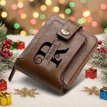 Carteira Personalizada Presente para Homens - Carteira de Couro Sintético Marrom Fashionable com Design Gravado, Fechamento de Pressão, Clipe de Zíper e Porta-Moedas, Acessórios Elegantes para o Dia dos Pais | Carteira de Decoração Personalizada - Multicolorido - Visão 4