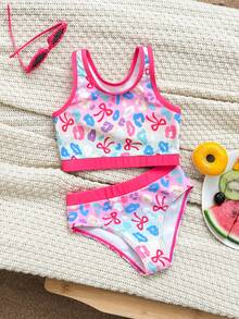 Young Girl Summer Beach Vacation Leopard Print Bow Ombre Print Contrast Binding Bikini Set - Multicolor - View 3
