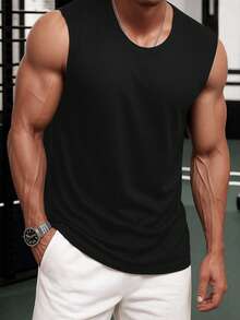 Men's Sleeveless Top, Crew Neck Sleeveless Shirt, Versatile - Black - View 2