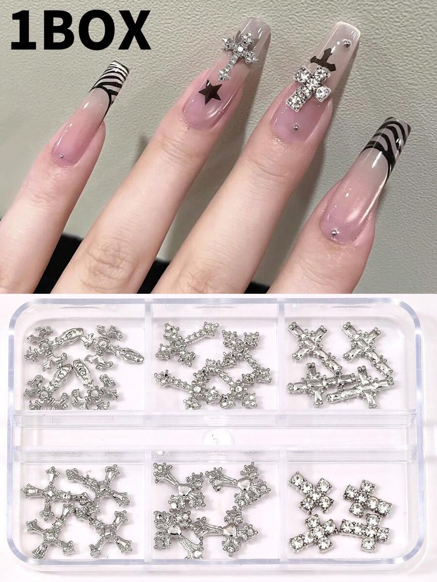 1盒24件 3D十字架美甲飾品-水鑽哥德風合金金屬美甲裝飾 | 壓克力美甲配件美甲飾品 - 銀色 - 查看 1