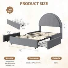 Meiyiu Twin/Full/Queen Size Bed Frame With Storage Drawers, Upholstered Boucle Platform Bed With Round Headboard, Heavy Duty & Noise Free, No Box Spring Needed - Grey-Twin - Xem 2
