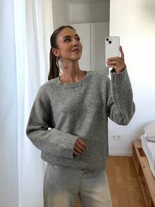 女士复古圆领毛衣，休闲时尚风格，浅灰色，适合秋冬季穿着 - 灰色 - 查看 2