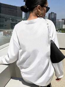 女士100%纯棉黑色长袖休闲圆领T恤 - 白色 - 查看 9