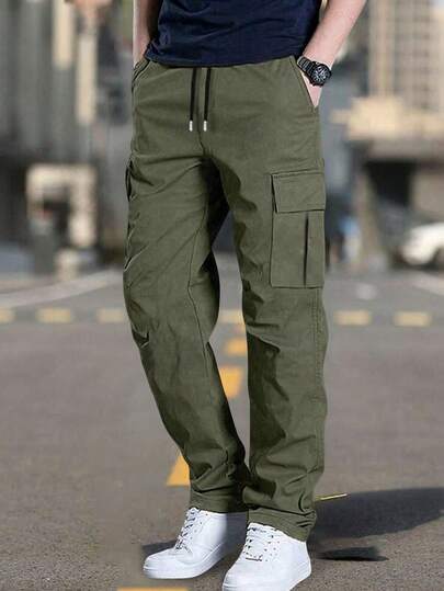 1pc Men's Outdoor Solid Color Cargo Pants, Multi-Pocket Hiking Trousers, Suitable For Summer Beach, Daily Commute, Running, Fitness, Casual Sports Pants, Straight Leg