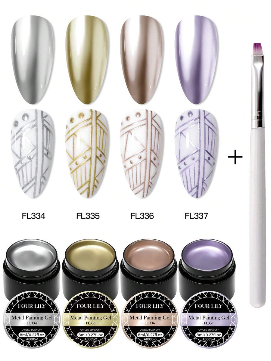 FOUR LILY 5Pcs Super Bright Metallic Nail Gel Set Golden Silvery Mirror Nail Effect Suitable For Painting Lines Floral French Nail Salon Painting Gel For Manicure 8ml - Multicolor - View 1