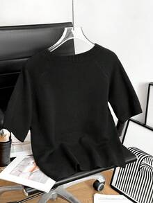 Women's Casual Loose-Fit Sweater, Round Neck Embroidered Heart Pattern, Plain Design, All-Season Wear, Fashionable & Versatile,Sequin,Elegant - Black - View 2