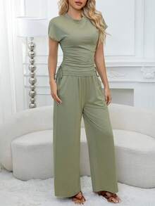 2pcs Women Classic & Fashionable Solid Color Basic Set, Lightweight & Comfortable For Commuting And Casual Daily Wear - Dark Green - View 4