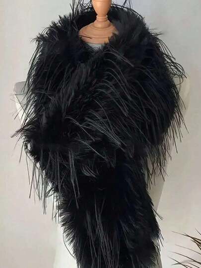 1条长款仿毛皮女士围巾，纯色流苏羽毛披肩，适合休闲和正式场合穿着 - 可手洗，奢华厚实，优雅的白色/黑色，多功能外套配饰，适合圣诞节、情人节和派对 - 柔软透气领口
