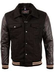 Men's Wool Real Leather Bomber Jacket V3CS - Black - View 1
