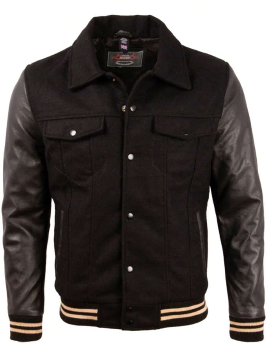 Men's Wool Real Leather Bomber Jacket V3CS - Black - View 1