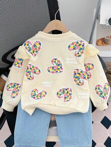 M.Dian xi 2-5岁女童碎花爱心印花套头卫衣，时尚儿童春秋季上衣 - 米色 - 查看 2