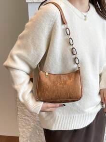Bolso de hombro y axila en forma de media luna con estampado minimalista de piel de serpiente de moda - Marrón - Ver 6