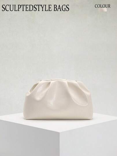 1pc Sculptedstyle Bags Autumn/Winter New High-End Milky White Oil Skin PU Clutch Bag, Solid Color Minimalist Style Women's Handbag, European And American Fashion Pleated Bag, Minimalist Women's Clutch Bag With Chain Shoulder Strap