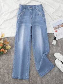 Petite Women Distressed Elastic Wide Leg Straight Jeans, Versatile Casual Pants - Baby Blue - View 3
