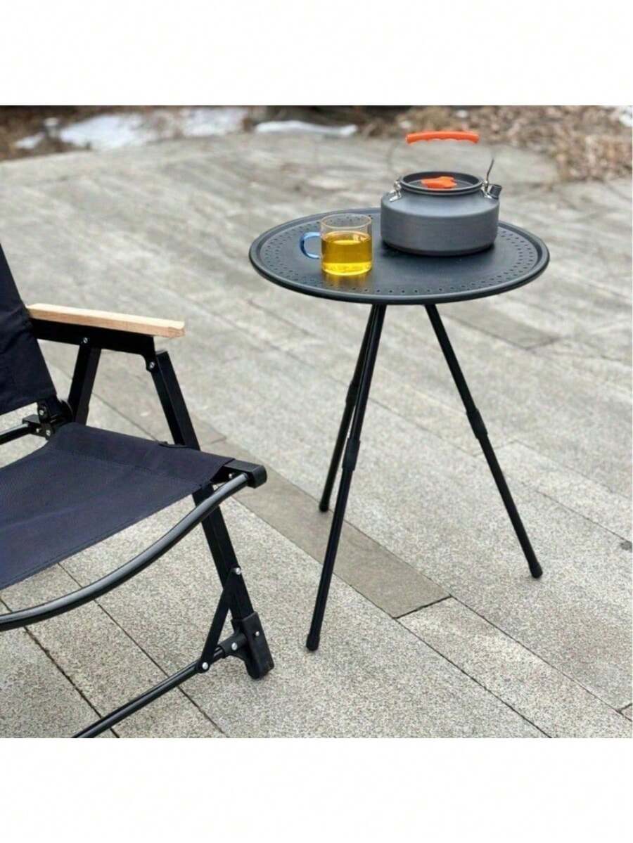 1pc Outdoor Aluminum Alloy Folding Table, Lightweight Coffee Table, Portable Picnic Camping Table, Adjustable Small Round Table