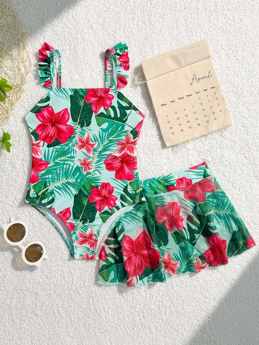 2件套 女童热带植物印花泳衣和网纱裙 - 彩色 - 查看 1