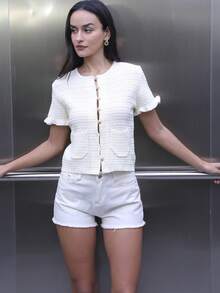 Áo khoác cardigan cho nữ, áo len mùa đông, áo cài nút, áo cardigan màu hồng nữ, áo len ngắn tay mùa hè dễ thương, áo khoác ngoài dệt kim, áo len crop top nữ, áo len đan. - Màu be - Xem 2